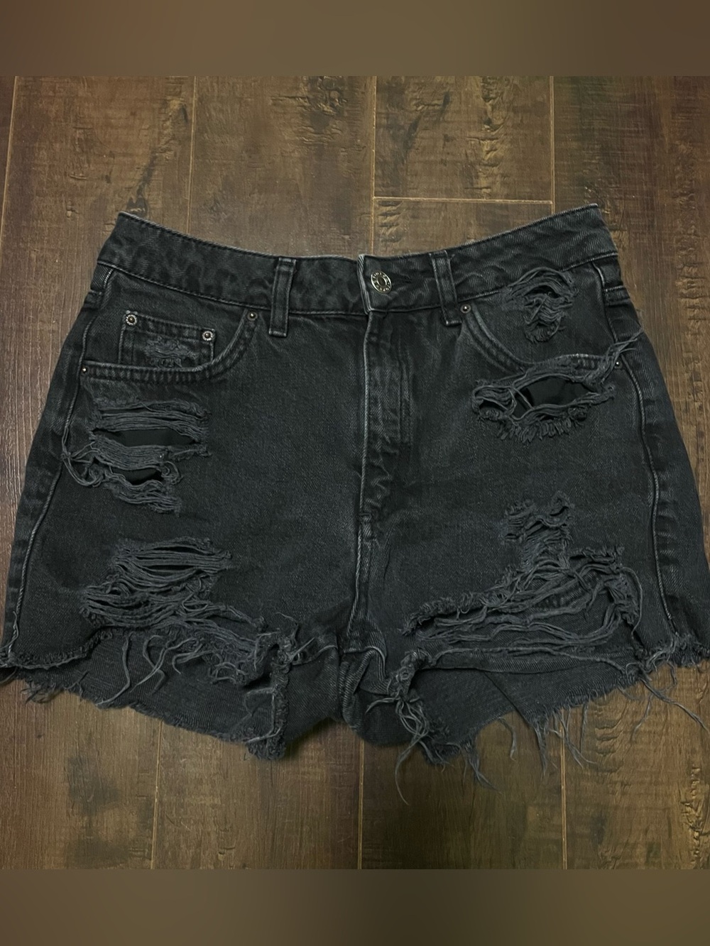 Topshop Moto Mom Black Denim Shorts Distressed Ripped - Sze 4 USA